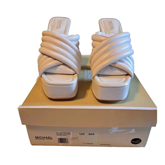 Michael Kors Portia Slip-On Quilted Platform Leather Sandals Cream Womens Sz 6M - Picture 5 of 16